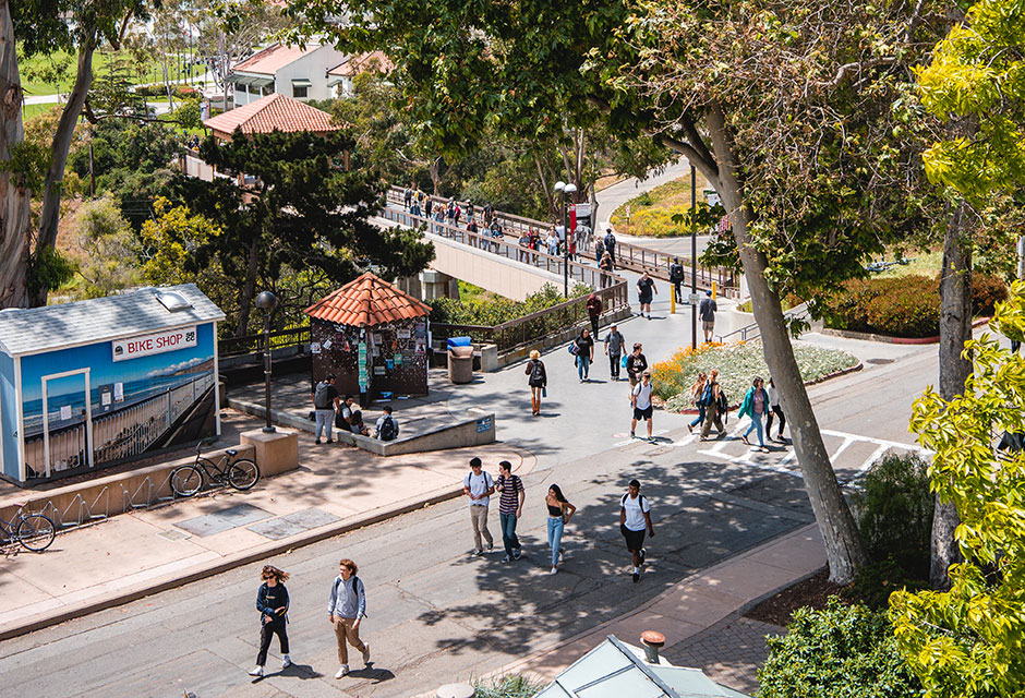 Campus with students walking.